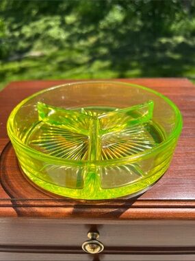 Antique Vaseline Uranium Glass Divided Dish Glow Glass American Made Art Deco